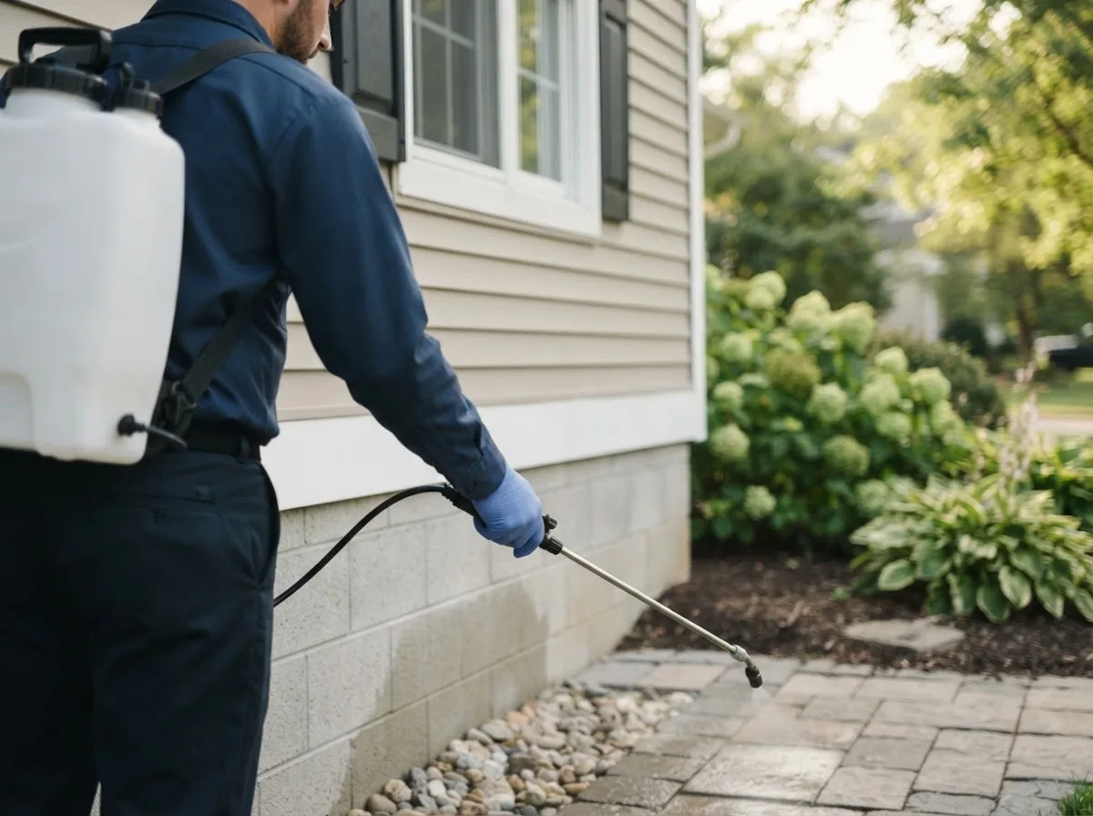 Pest control technician inspecting a home in Premium, KY